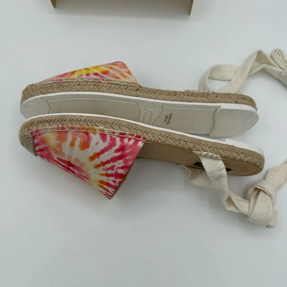NINE WEST White, Pink, Yellow & Orange Tie Dye Espadrille Ankle Wraparound | 10